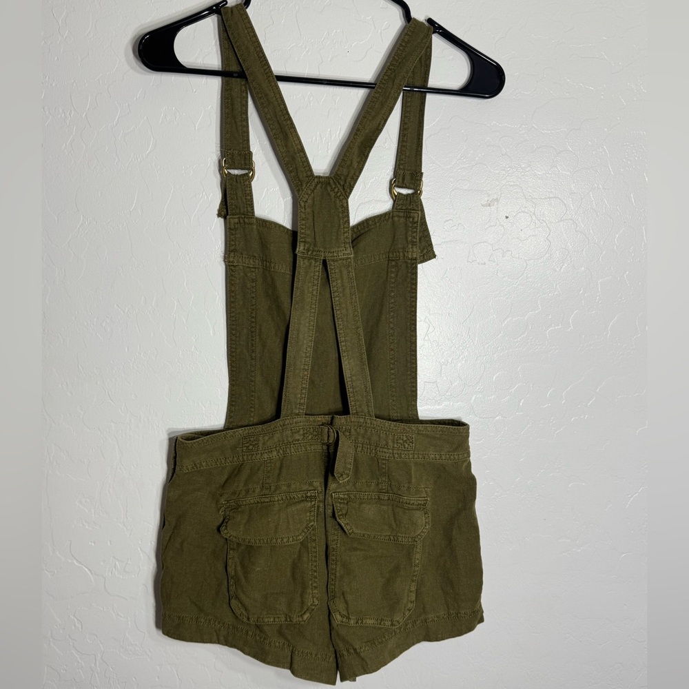 Free People Linen Blend Olive Utility Short Overalls XS Adjustable Straps - Picture 2 of 9